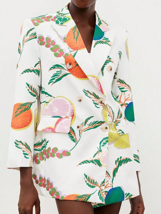 Multicolor Casual Women's Tropical Fruit Print Oversized Suit Jacket & Skort Set - Picture 5 of 7